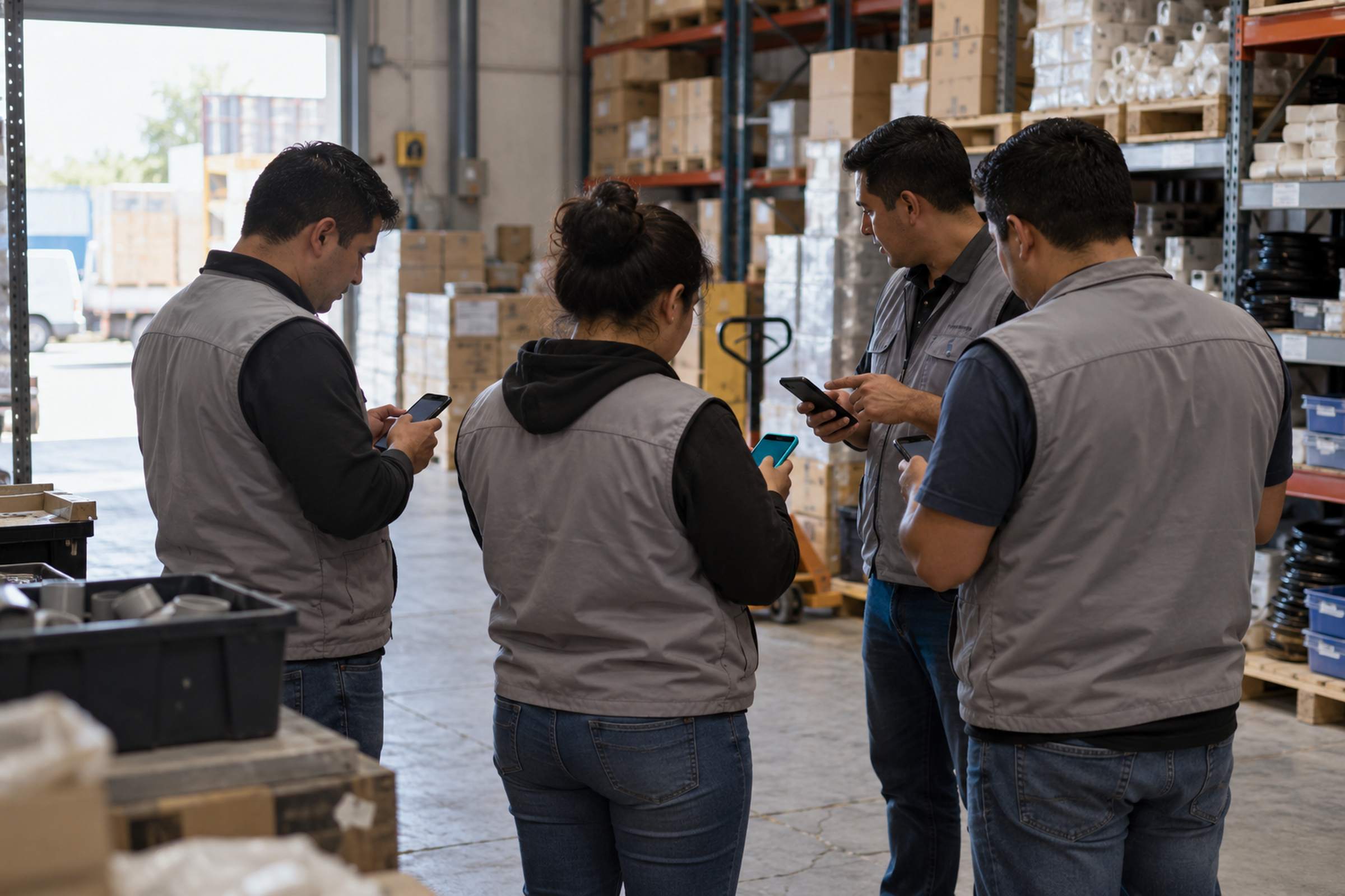 Equipo de vendedores aprende a utilizar la aplicación en una bodega